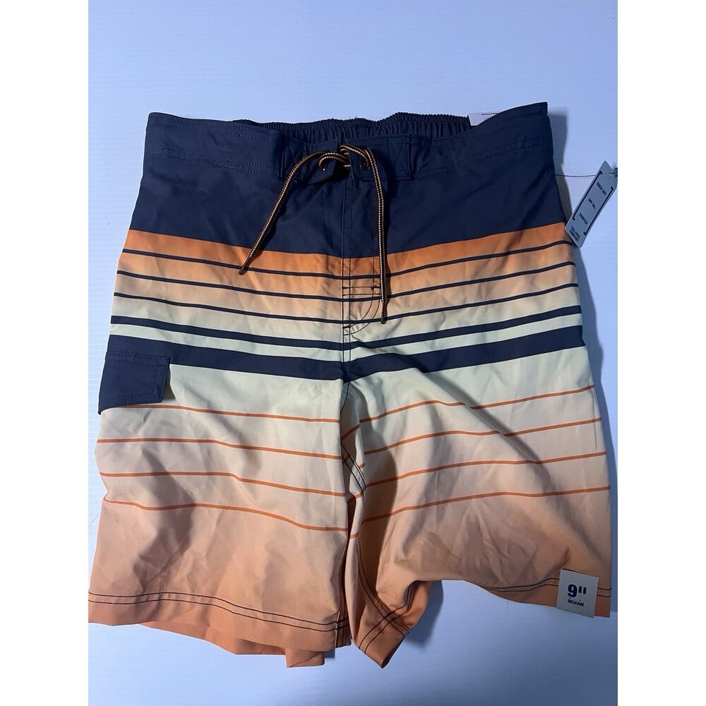 George Mens Board Shorts‎ Orange Navy Blue Striped Swim Trunks 9 Inseam Size M